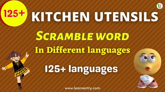 Kitchen utensils word scramble in different Languages