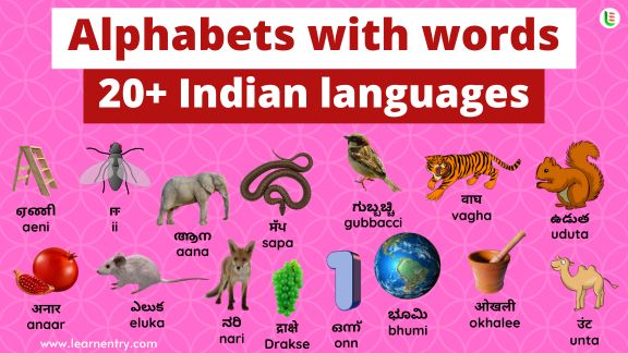 Alphabet with words in indian Languages