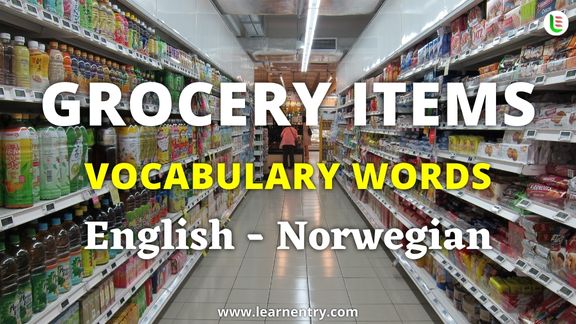 Grocery items vocabulary words in Norwegian and English