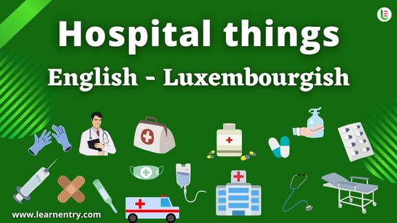 Hospital things vocabulary words in Luxembourgish and English
