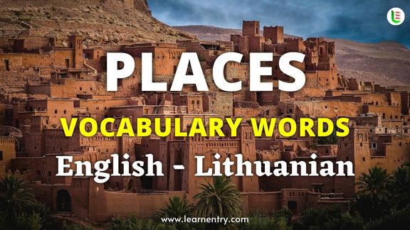 Places vocabulary words in Lithuanian and English
